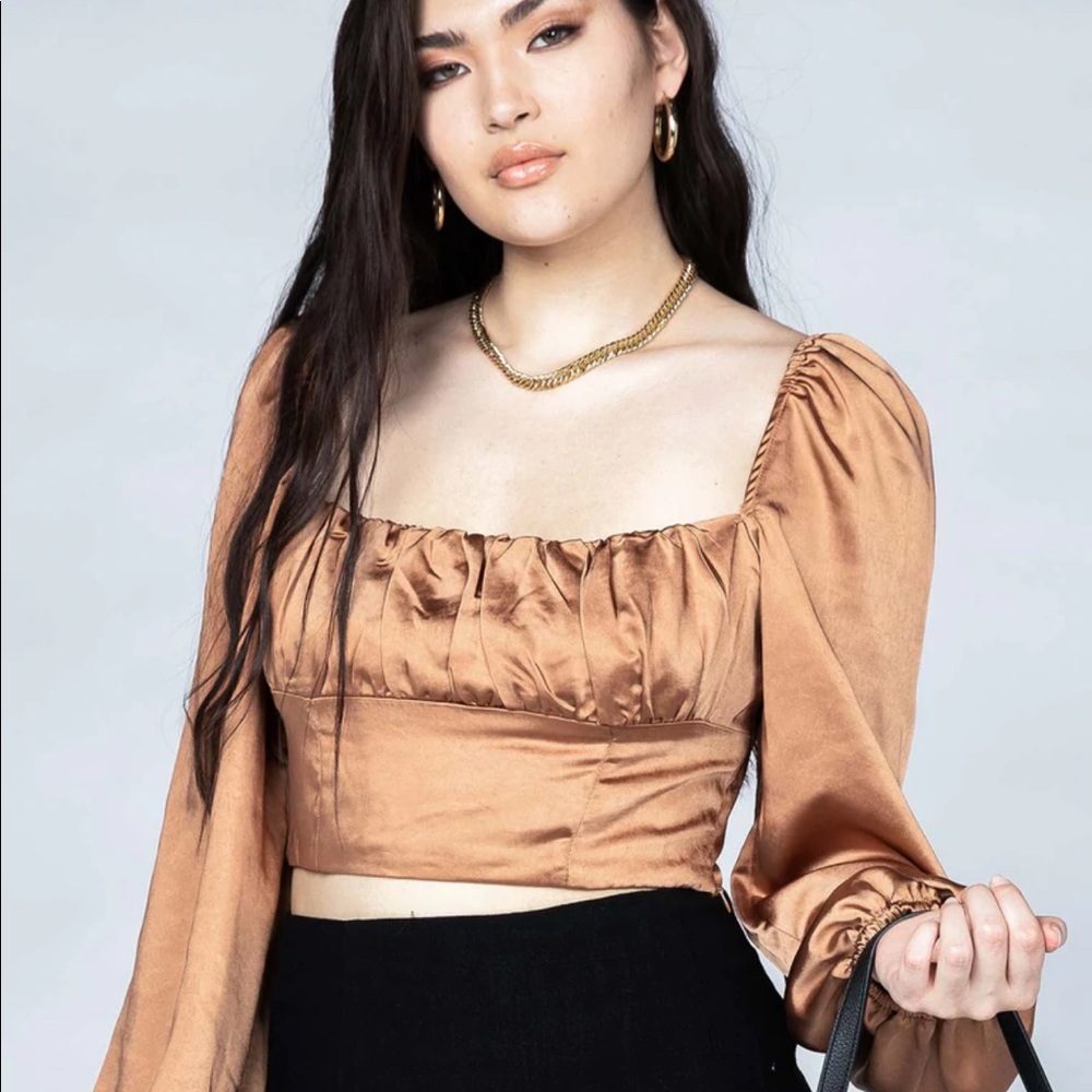 ARIAH LONG SLEEVE SATIN TOP BROWN PRINCESS POLLY